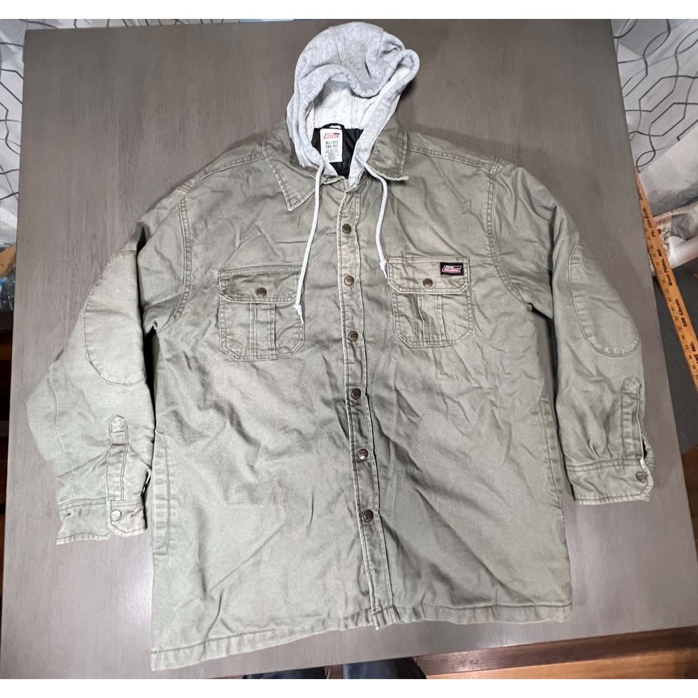 Genuine Dickies Hooded Shirt Jacket XL Olive Green Quilted Lined Canvas Workwear